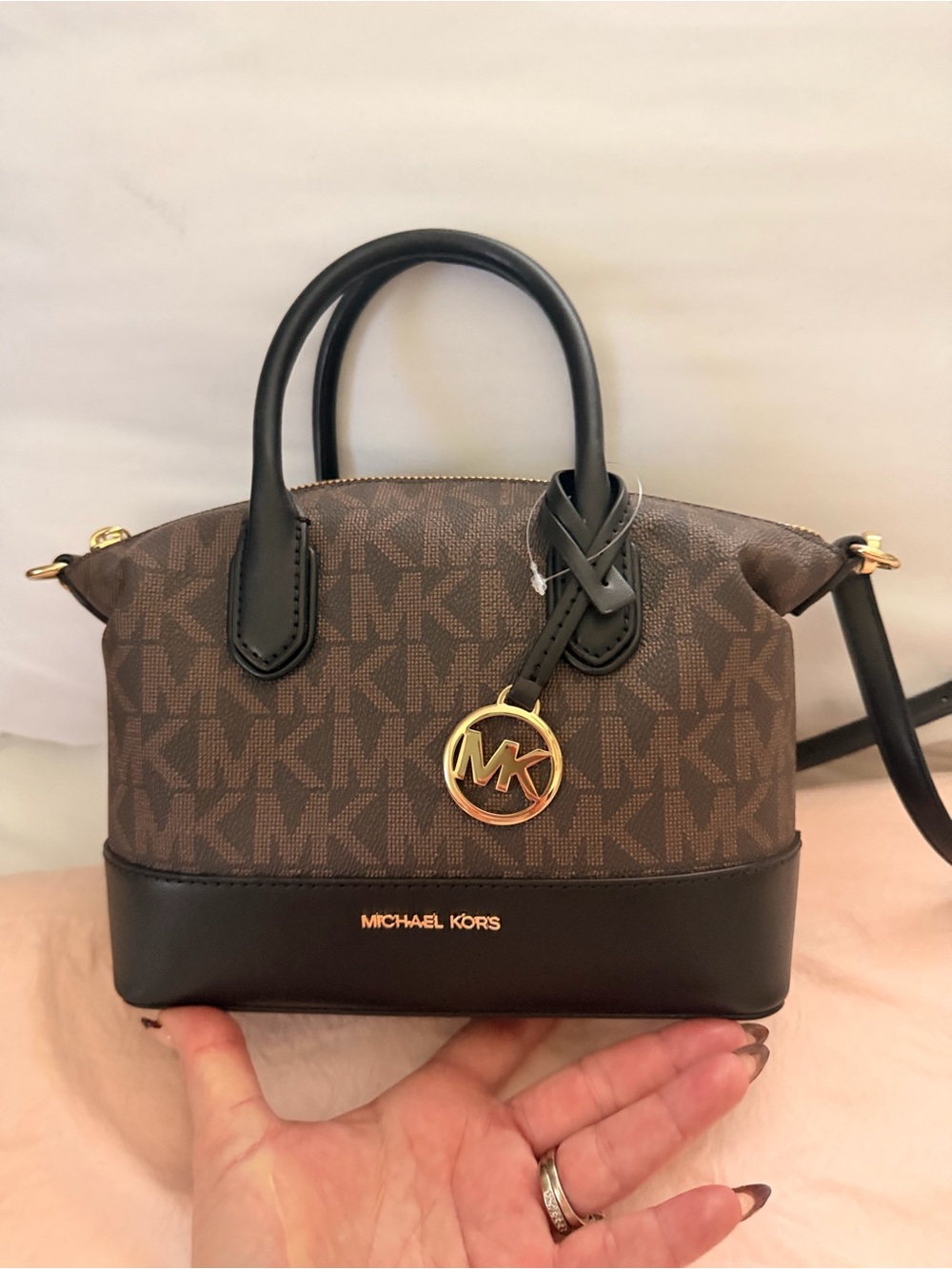 Michael Kors Brown Logo Mini Dome Satchel with Black Trim